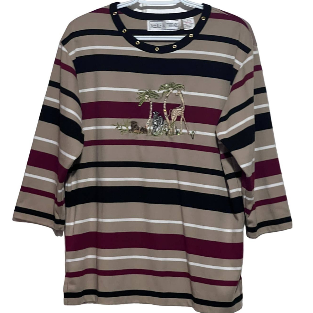 Needle & Threads Tan Burgundy Black Cream Embroidered Animal Print Top Size M